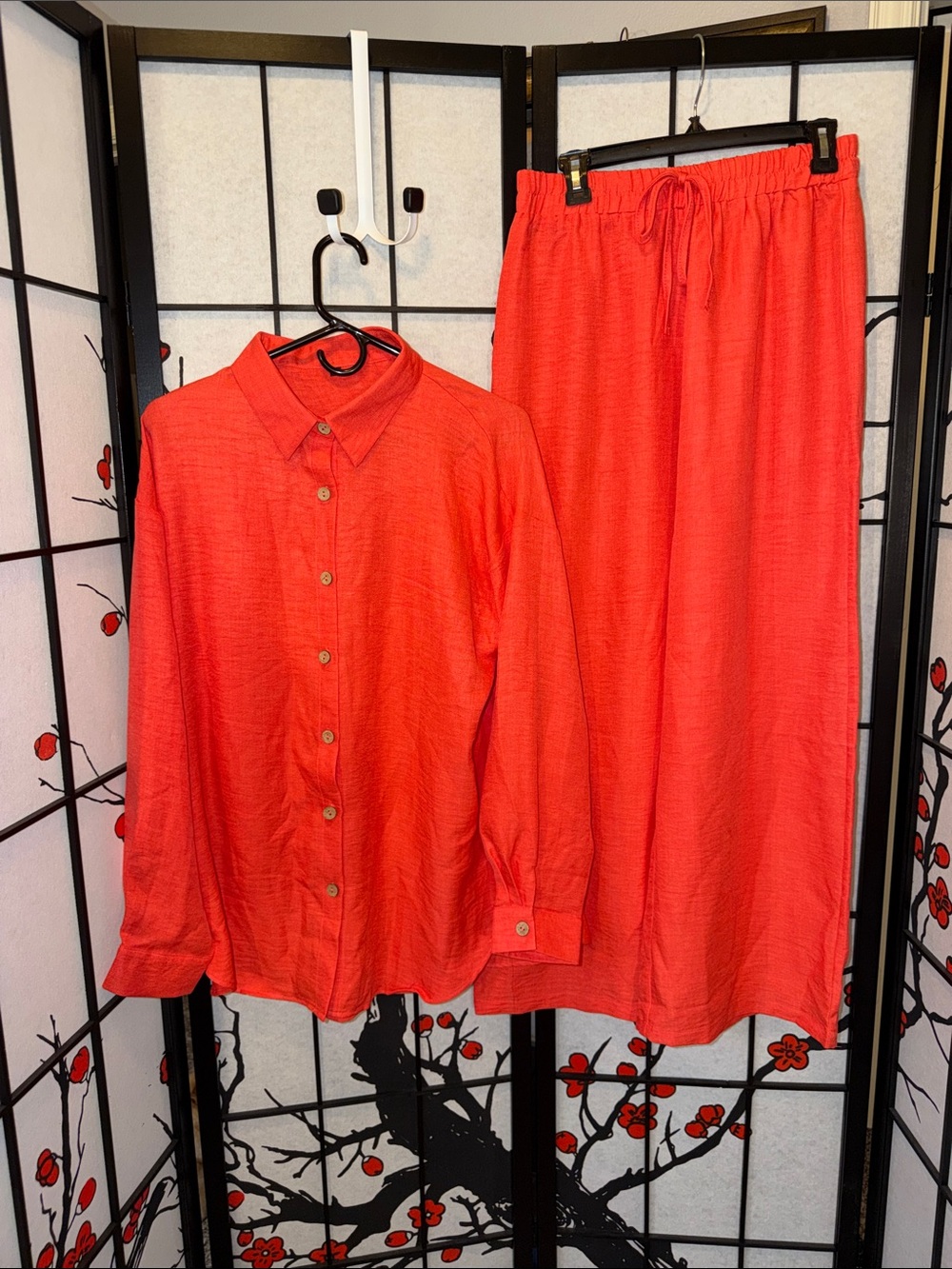 Coral Orange Petite Large Button-Up Shirt with Matching Wide-Leg Pants Set